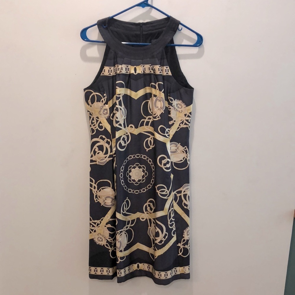 J. McLaughlin Black silk dress with gold pattern and pockets, size 6